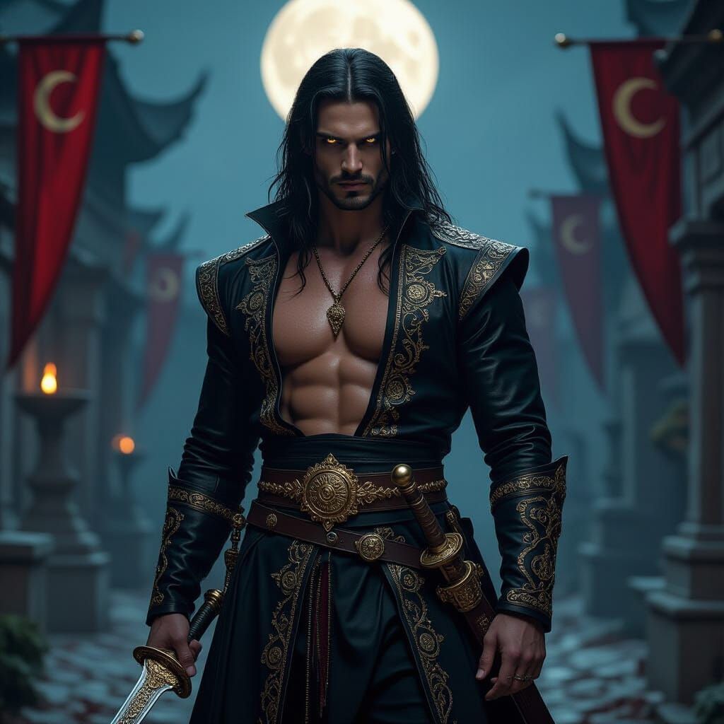 Vamp in Ottoman Attire in Moonlit Graveyard