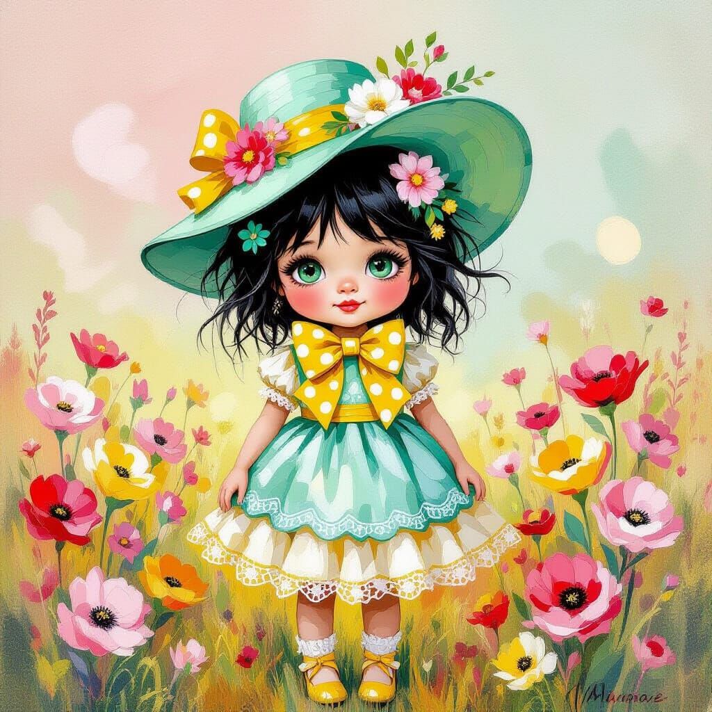 Whimsical Girl in Floral Hat, Oil Impasto Style