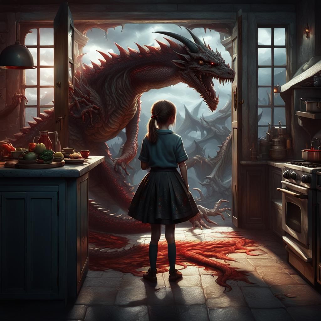 Girl Hides From Monster With Dragon, Fantasy Art