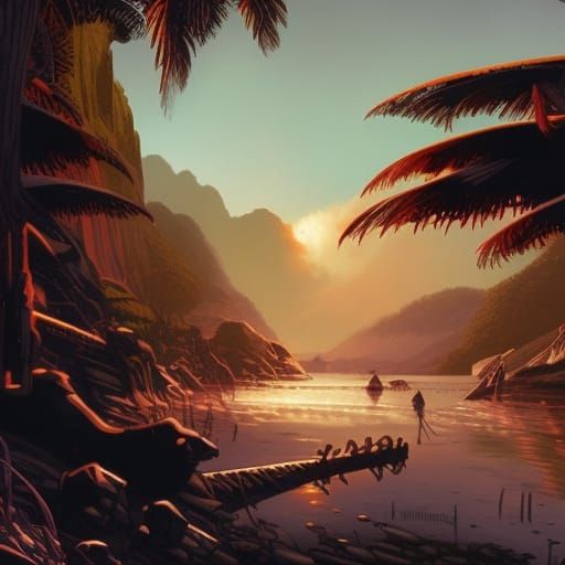 Exotic Sunset on Alien Beach, High Gothic Art