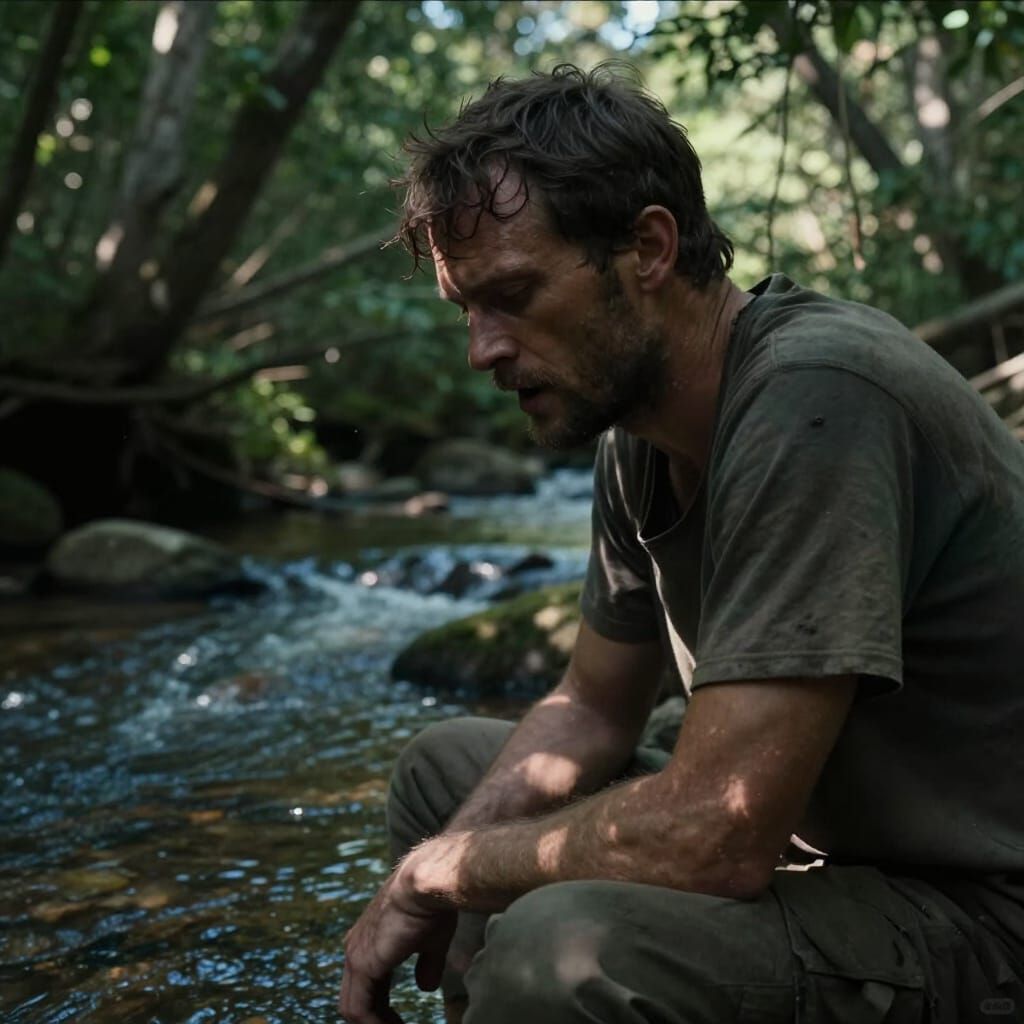 Determined Man Speaks Softly Near Stream, Survival Mood