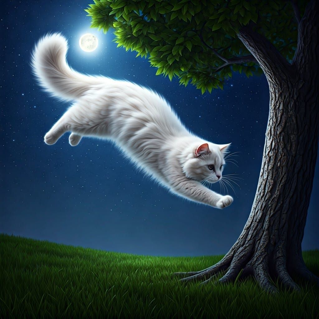 Elegant Cat Dives Through Starry Night Sky