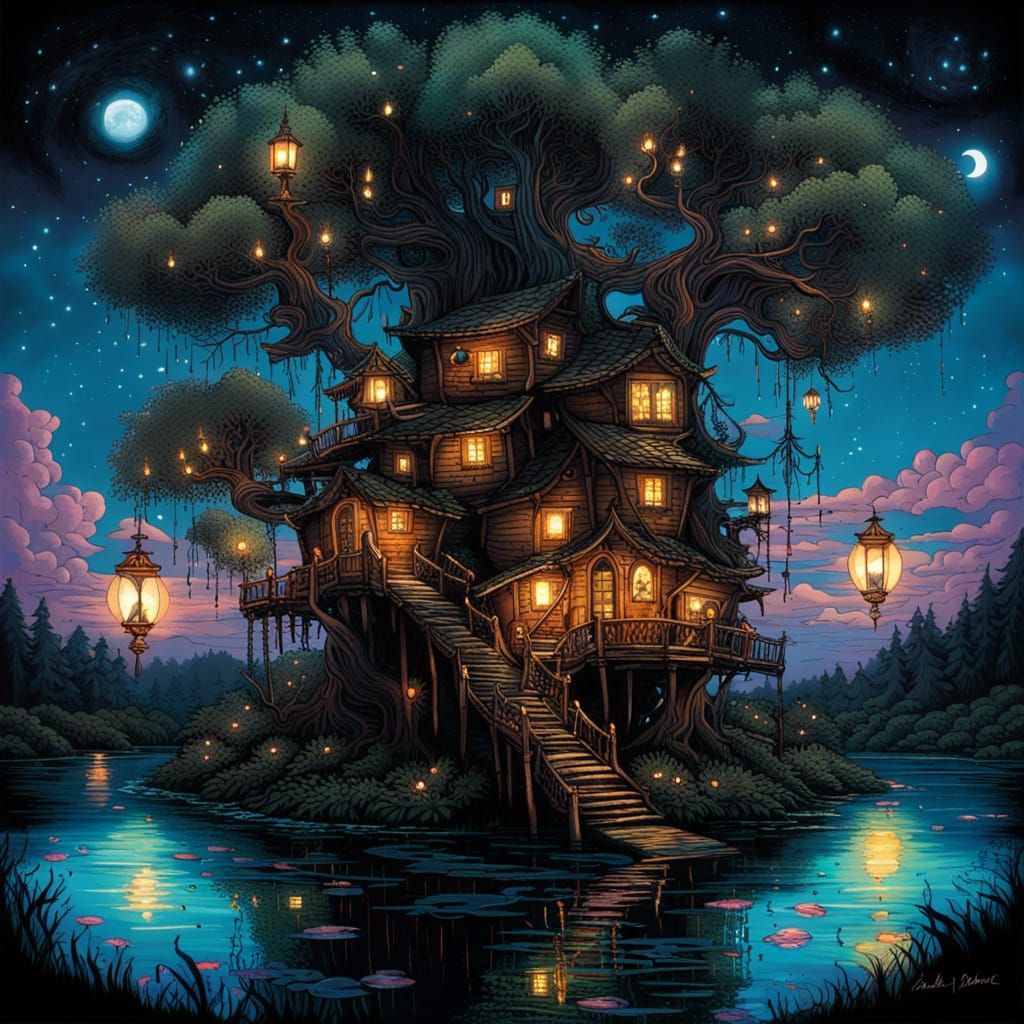 Dreamlike Fairy Treehouse Bioluminescent Lagoon Masterpiece
