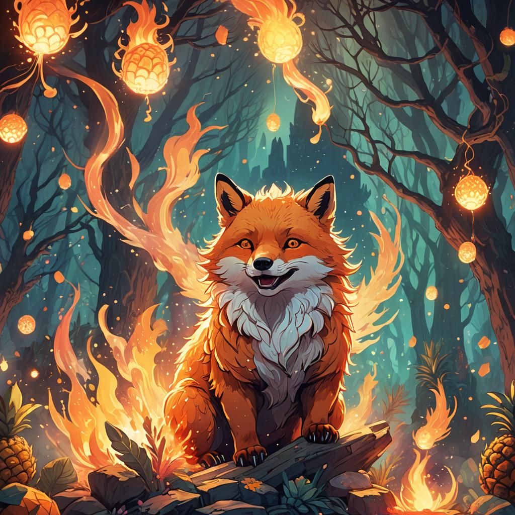 Fox Bear Pineapple Ghost in Miyazaki Style