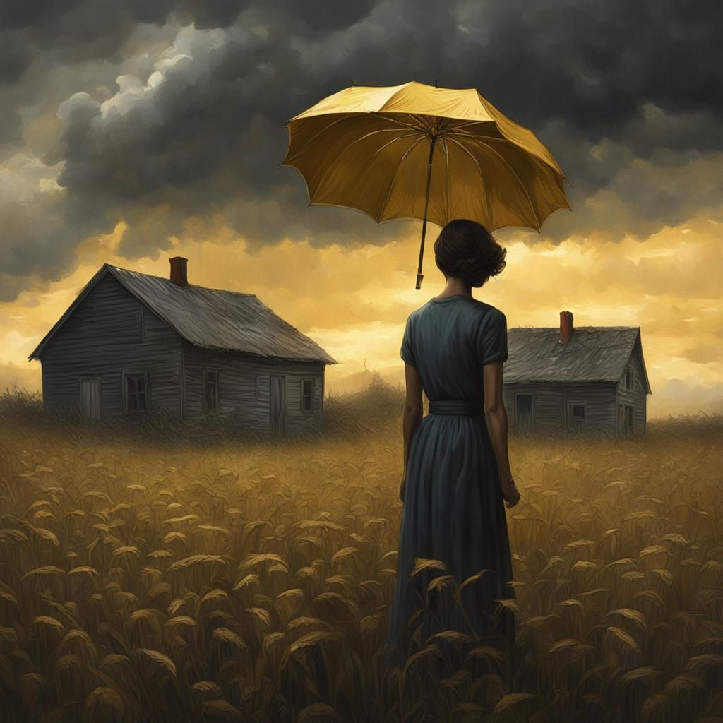 Woman with Gold Umbrella in Ominous Landscape
