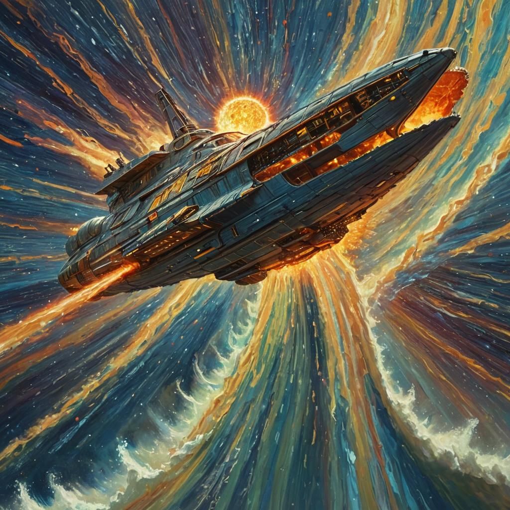 Spaceship Rides Solar Wave: Van Gogh-Inspired Surrealism