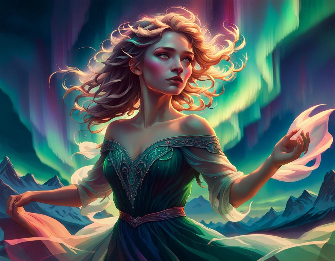 Woman Dancing Under Northern Lights, Digital Art