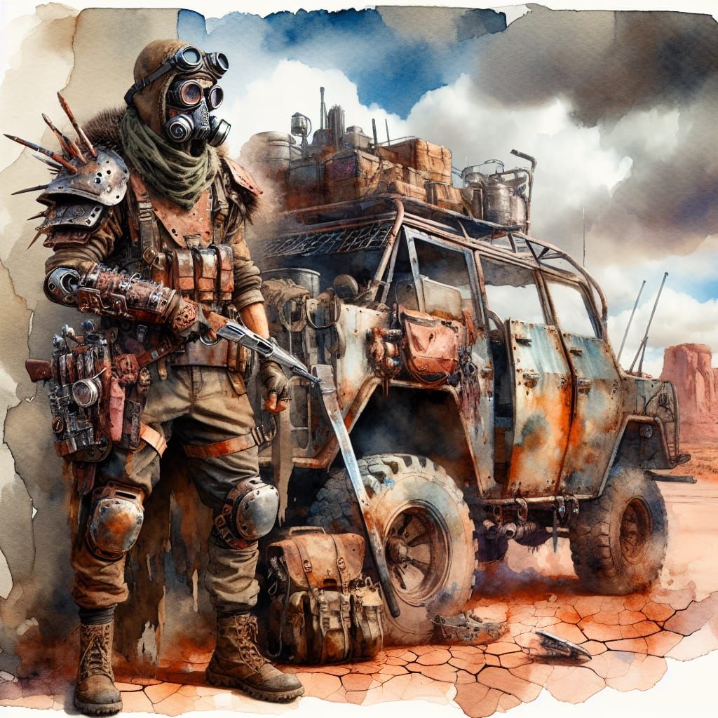 Post-Apocalyptic Scavenger in Watercolor Style