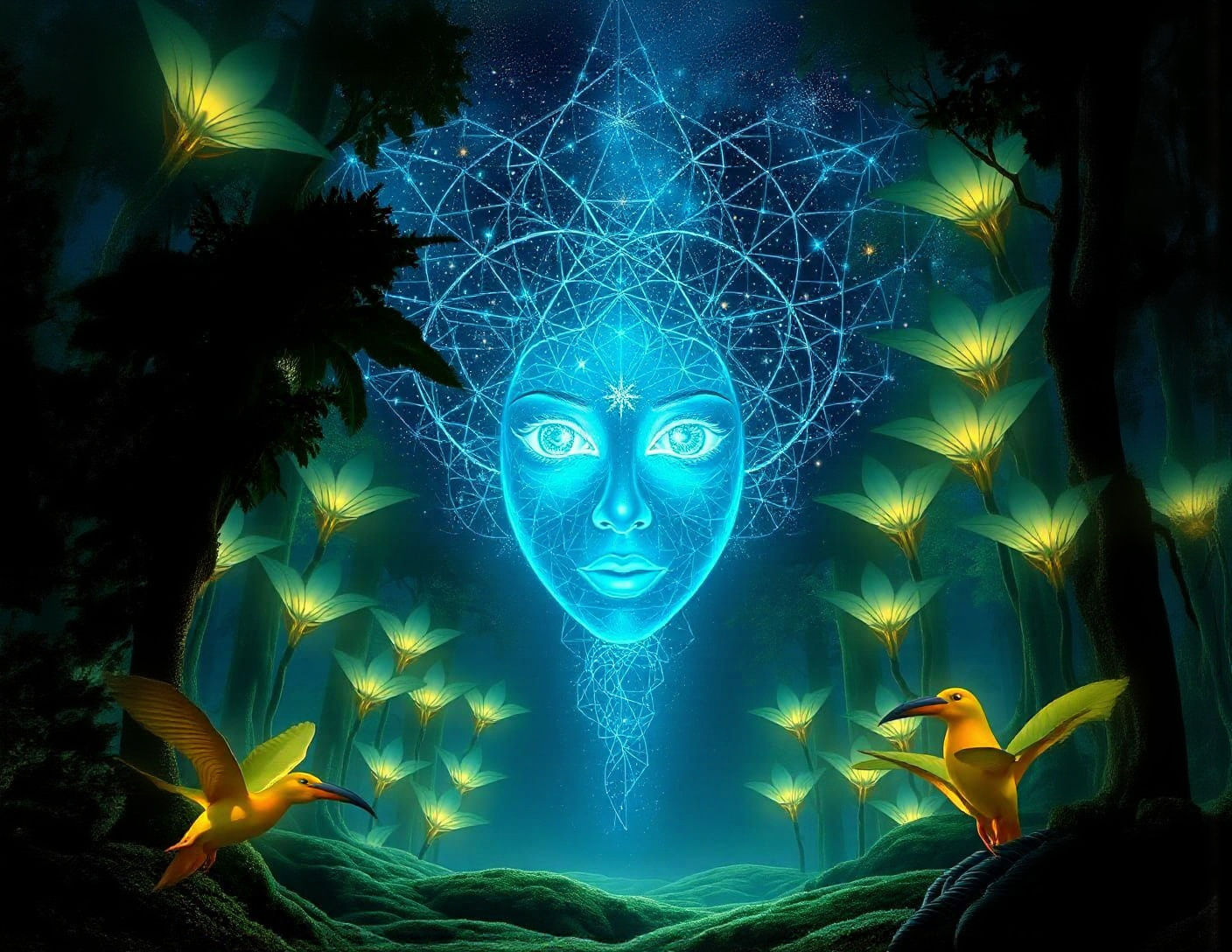 Starlight Woman's Face in Glowing Forest