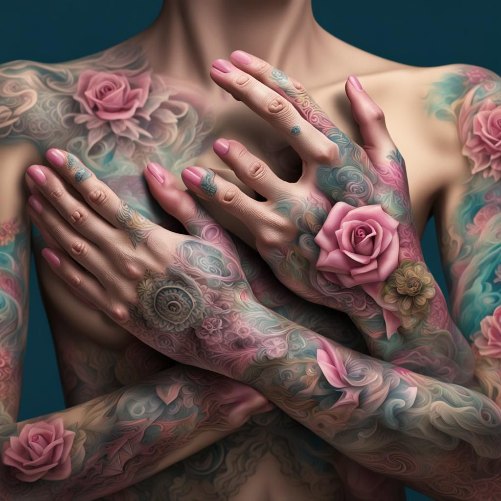 Woman with Breast Cancer Ribbon and Tattoos