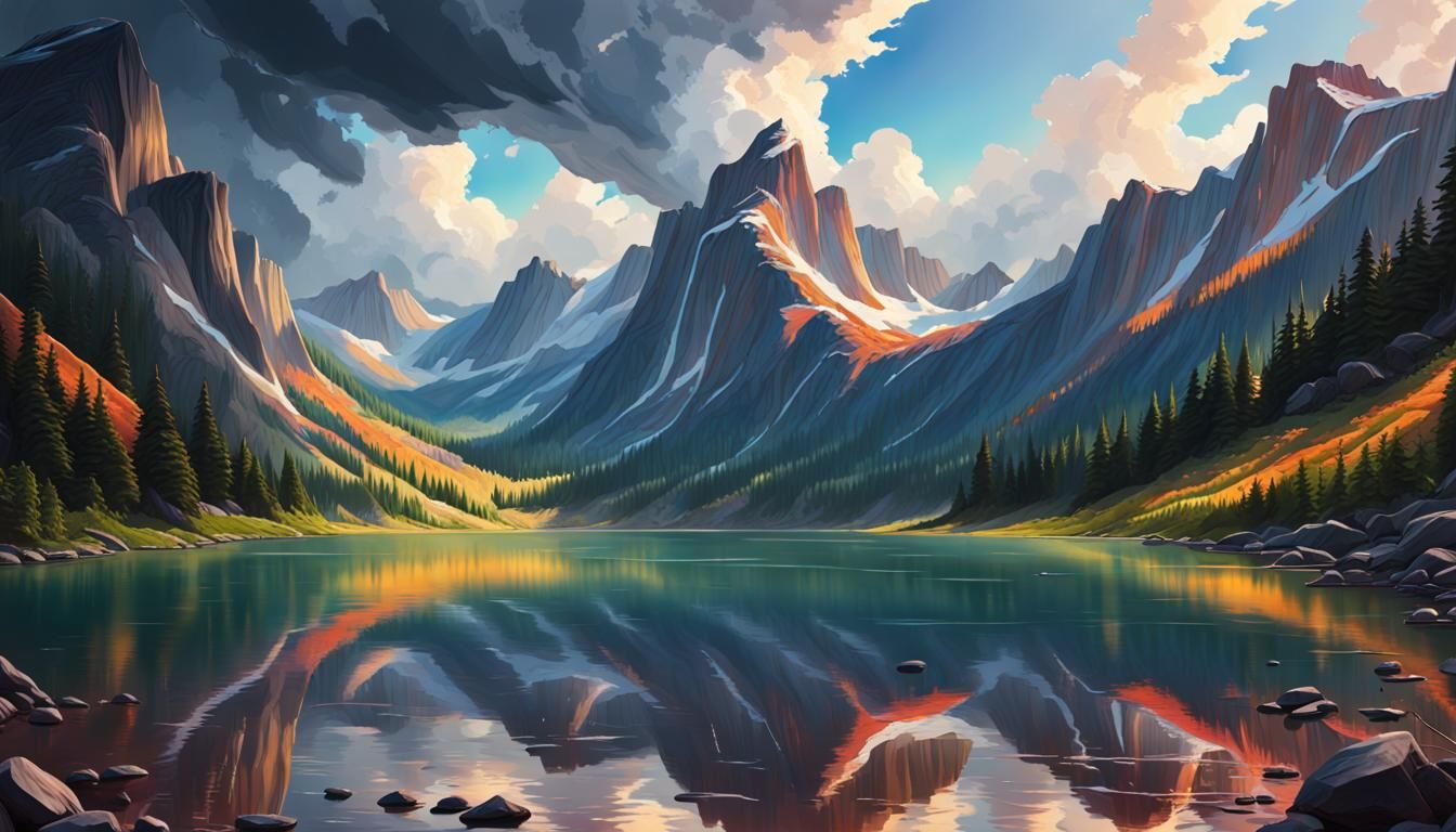 Hyperrealistic Mountain Lake Reflects Stormy Sky