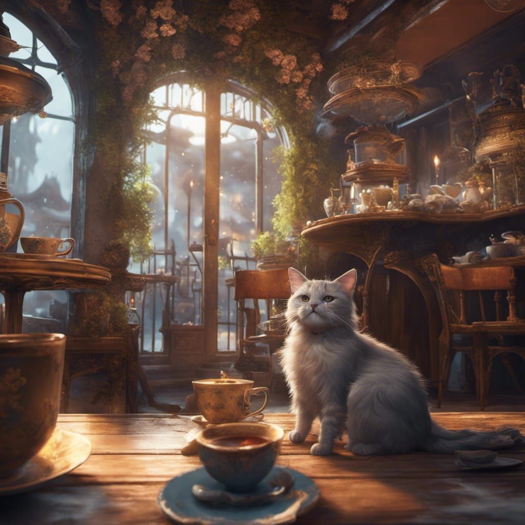 Cat at Tea Cafe in Detailed Matte Painting Style
