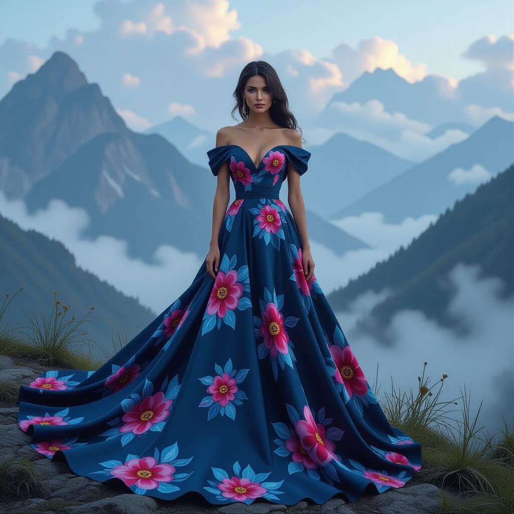 A stunning model showcases an elaborate, flowing gown with v...