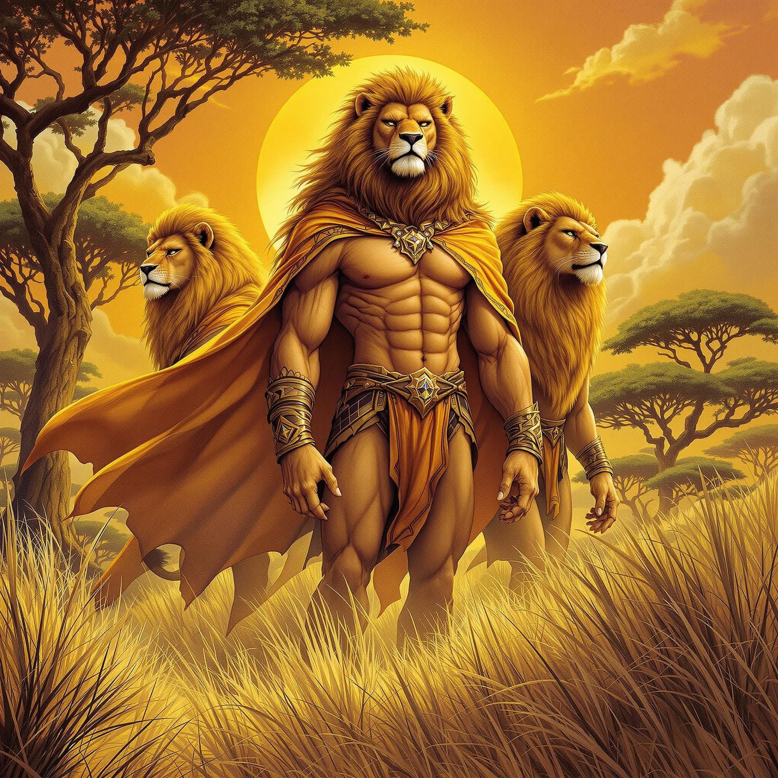 Majestic Lion-Human Hybrids Stand Proud in Golden Savannah