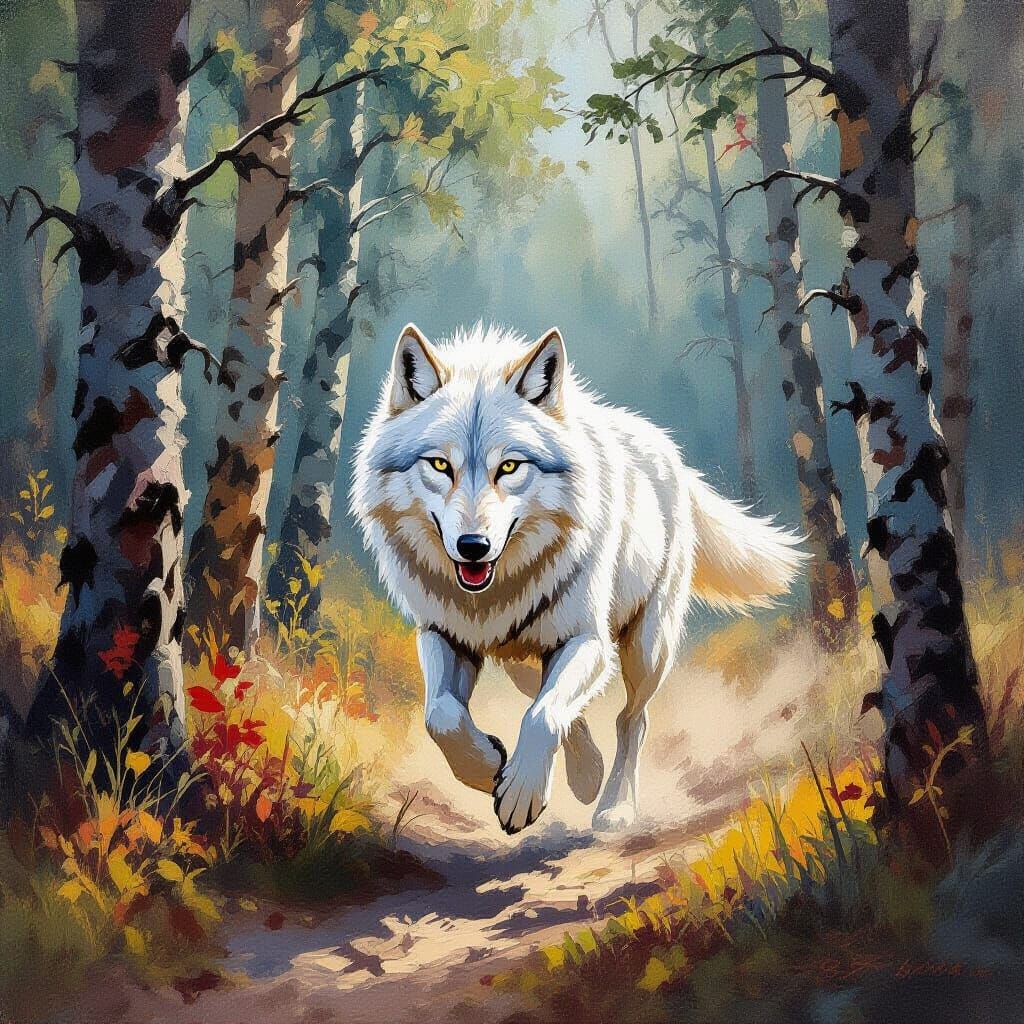 White Wolf Runs Through Woods in Gouache Style