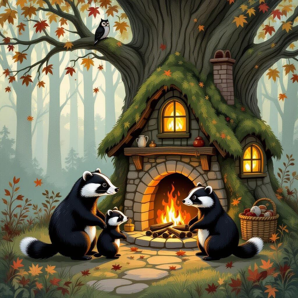 Badger Family in Cozy Cottage, Storybook Illustration