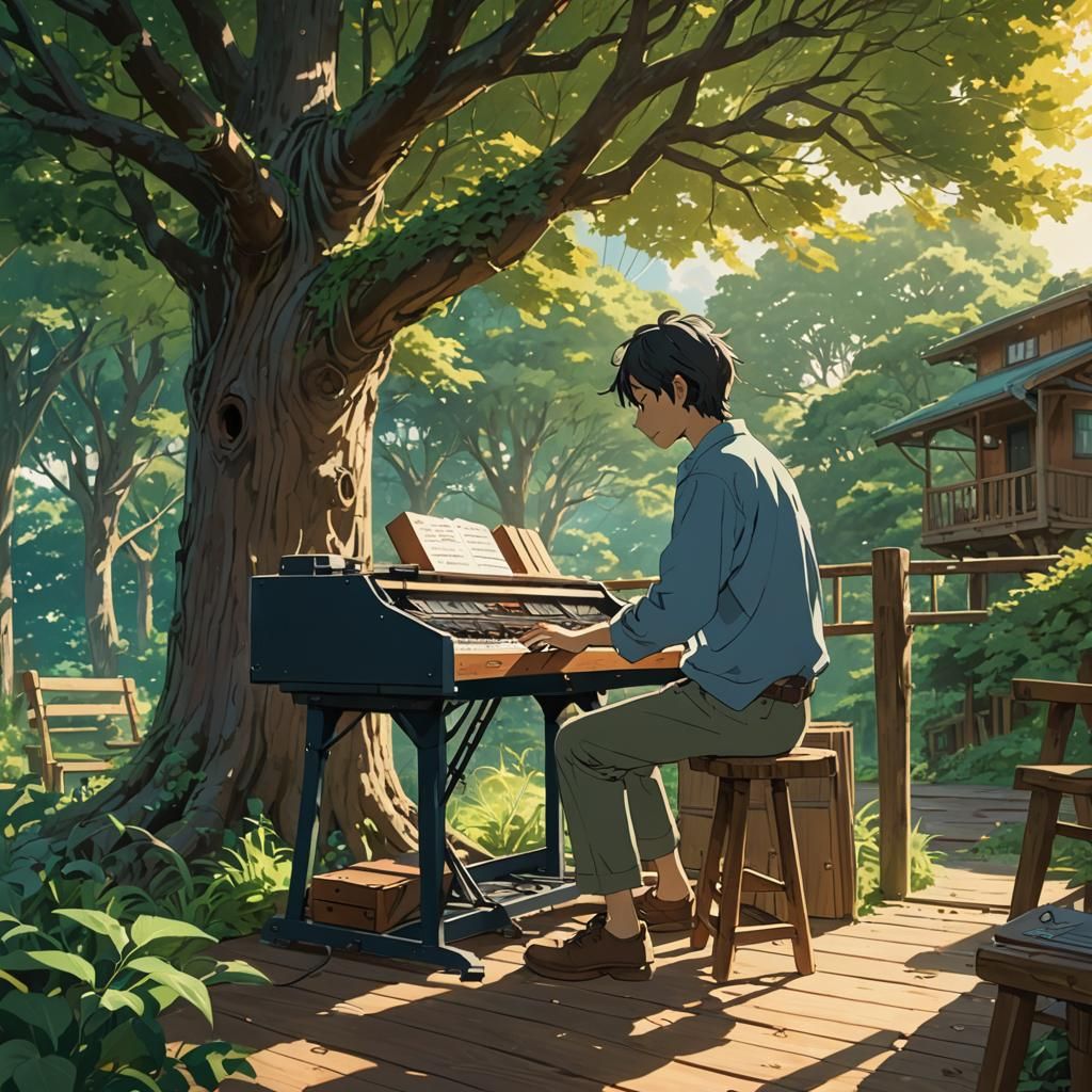 Anime Man Plays Guitar in Sunlit Forest