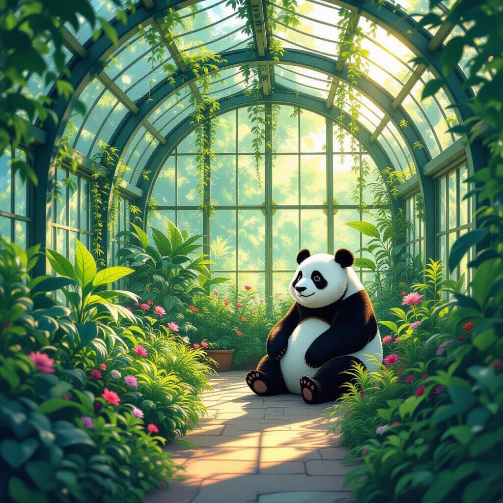 Giant Panda Sanctuary in Overgrown Bioluminescent Greenhouse