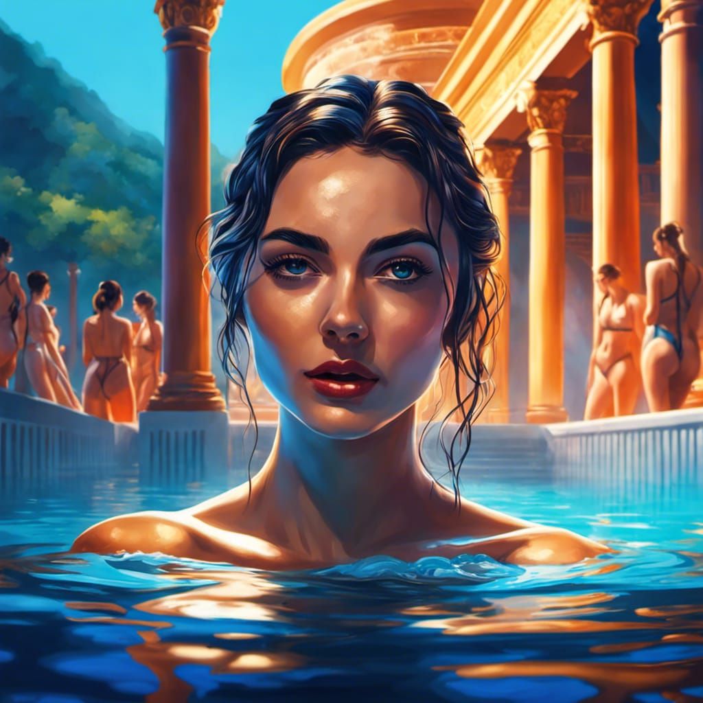 Greco-Roman Bathhouse Scene in Hyperrealistic Style