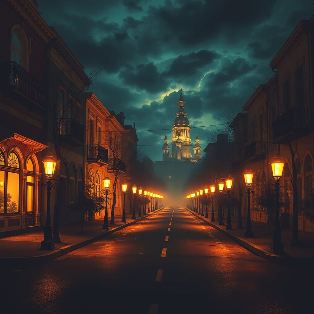 Ethereal Cityscape in Dark Velvet and Golden Hues