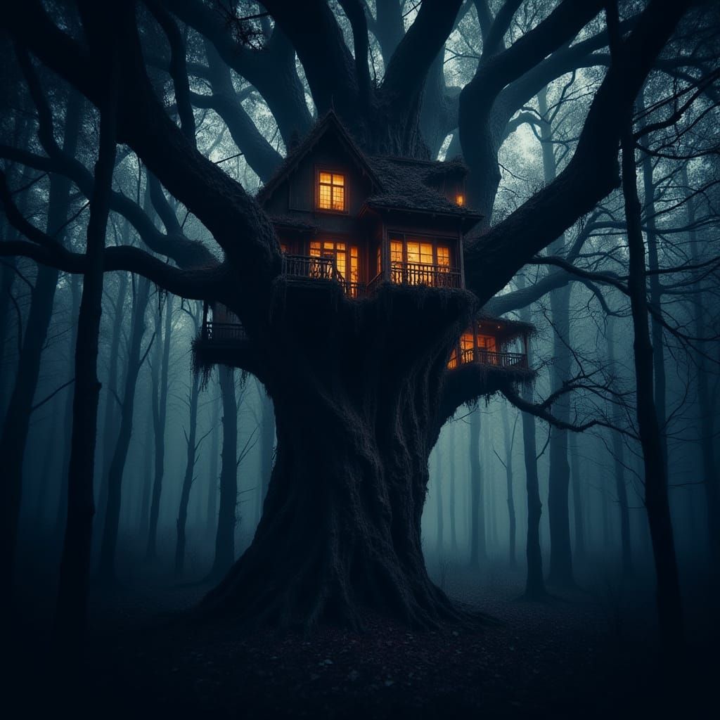 Enchanted Treehouse in a Mystical Dark Forest