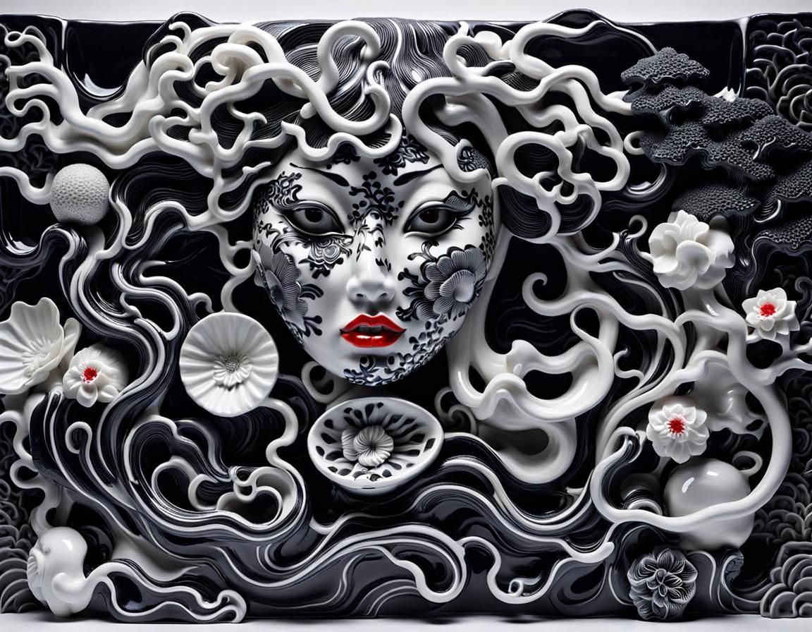 Surreal Ceramic Yurei Nightmare in Double Exposure Art