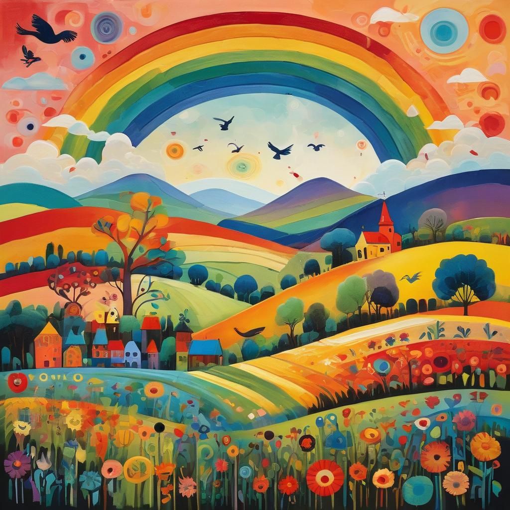Folk Art Rainbow Landscape with Abstract Elements