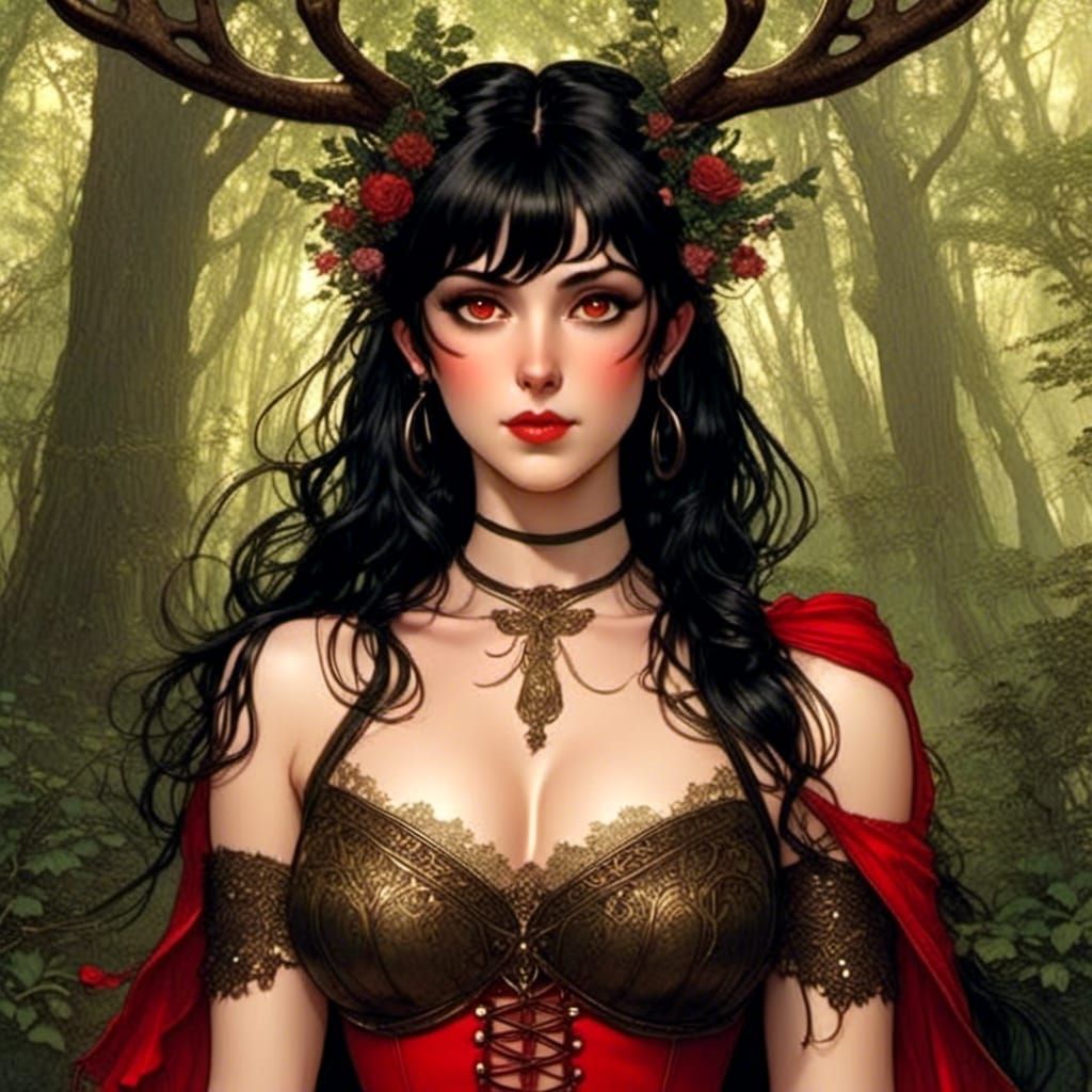 Antlered Woman with Red Eyes in Comic Style