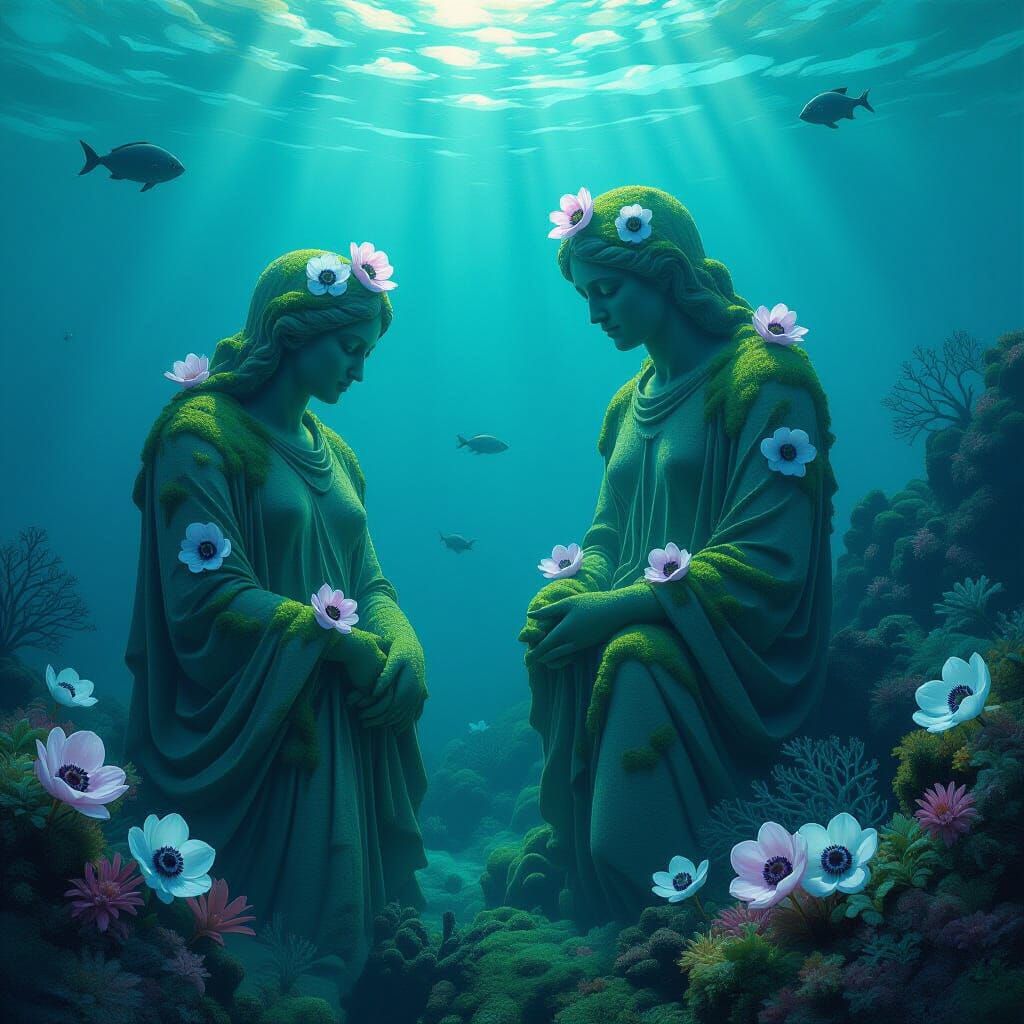 Ethereal Statues Submerged with Corals and Orchids