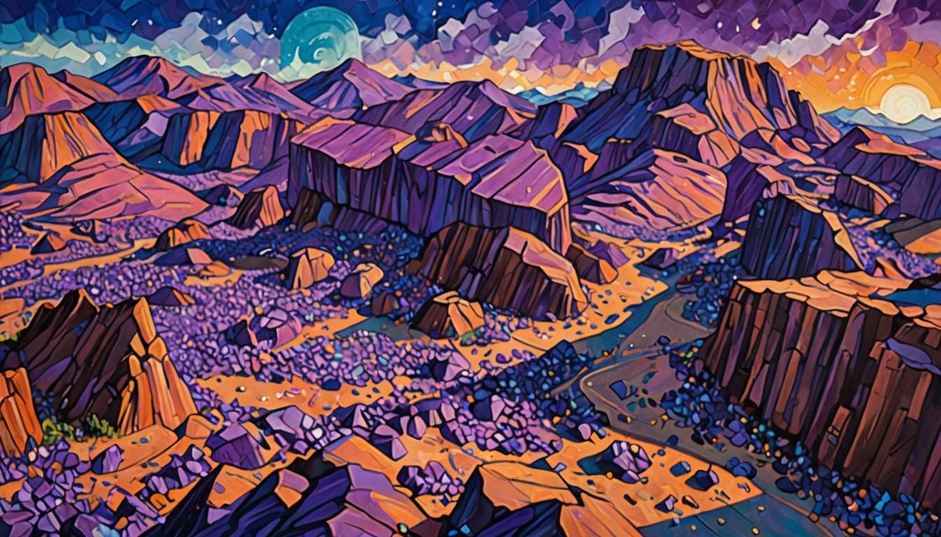 Purple Mountains and Amethyst Desert in Impressionist Style
