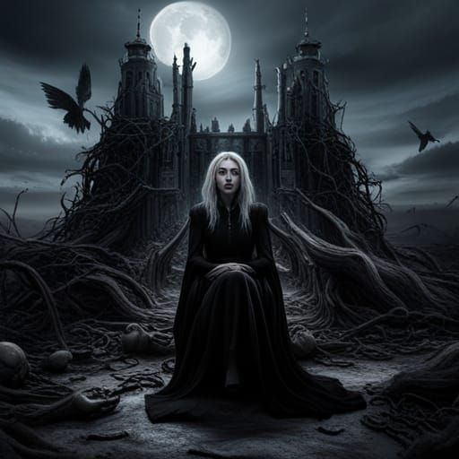 Creepy Witch on Bone Throne in Dark Digital Art