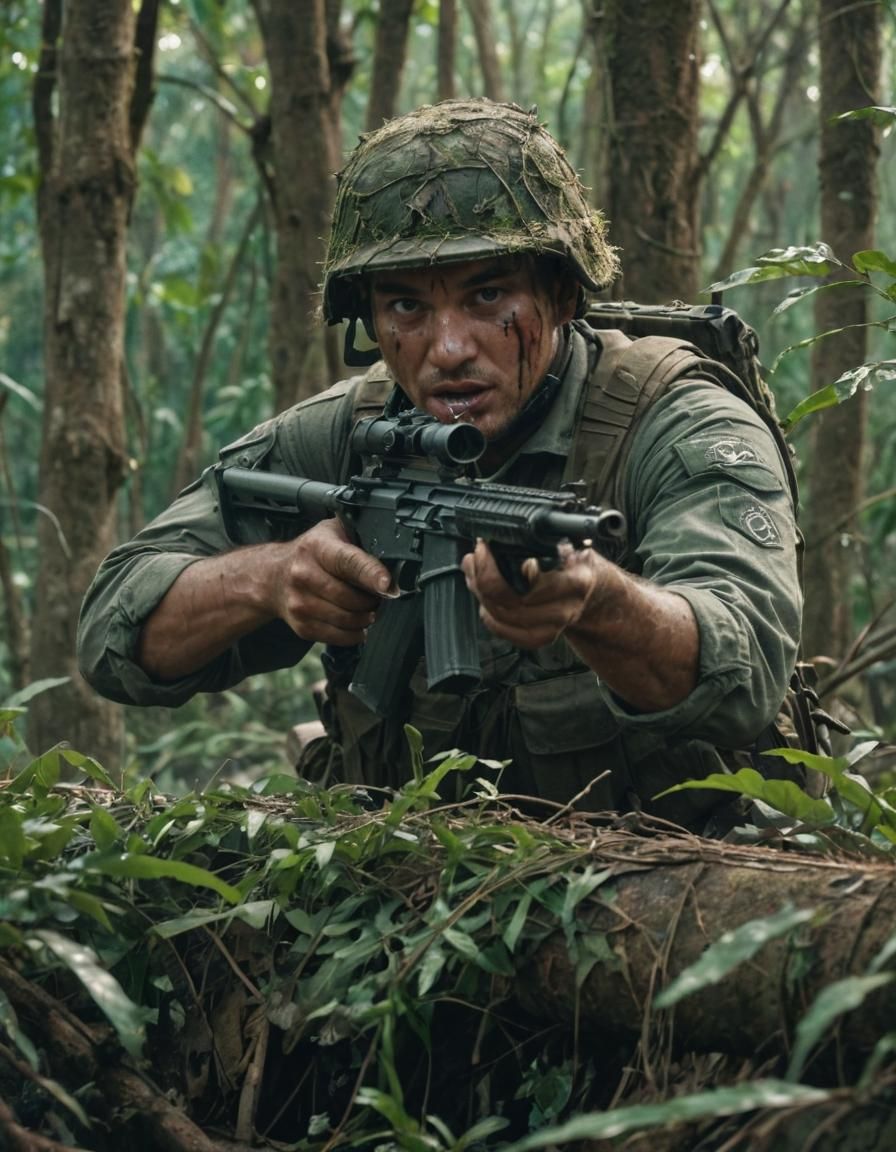 Wolf Soldier in Jungle Battle: Cinematic Film Still
