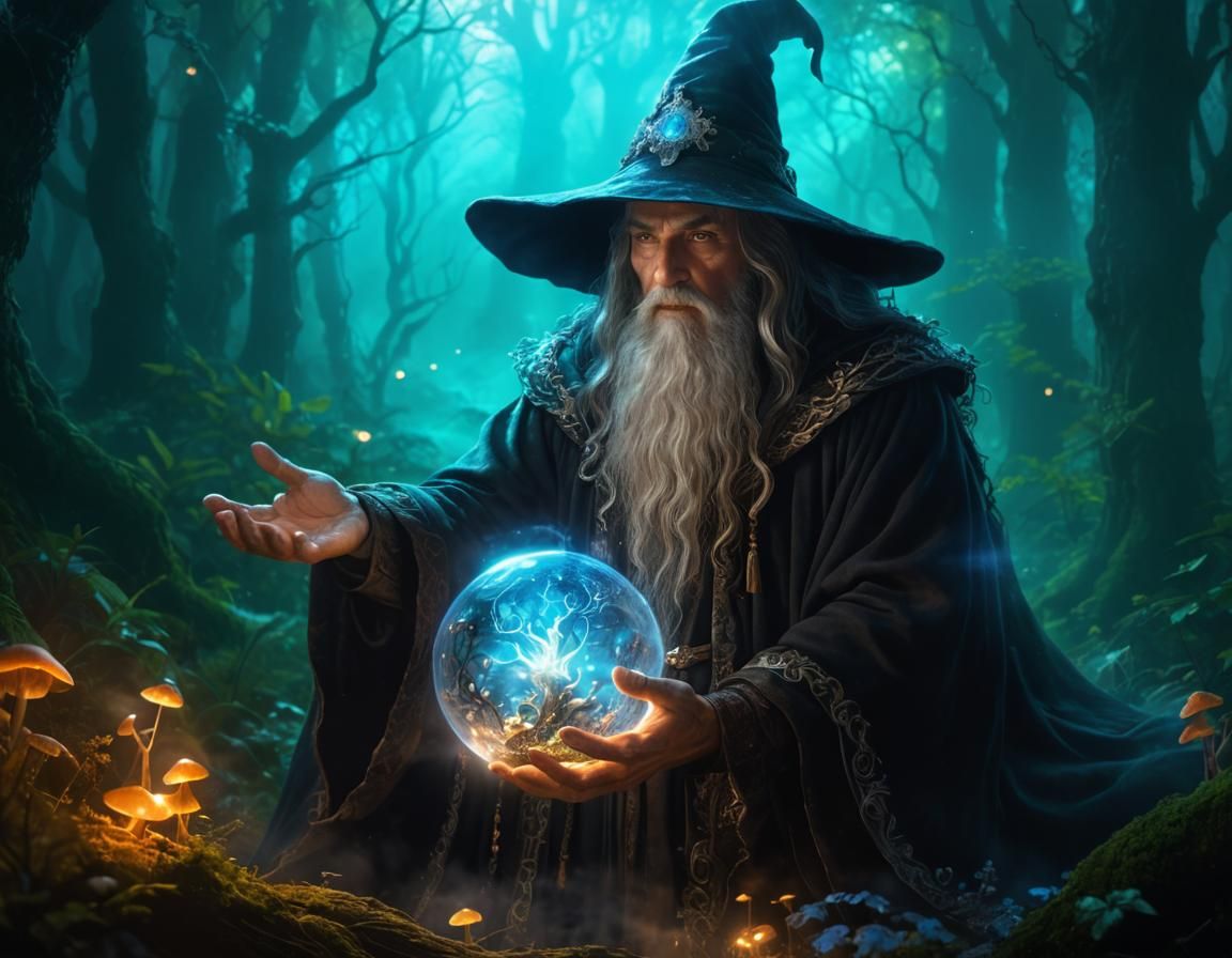 Mystical Wizard in Forest with Glowing Magic