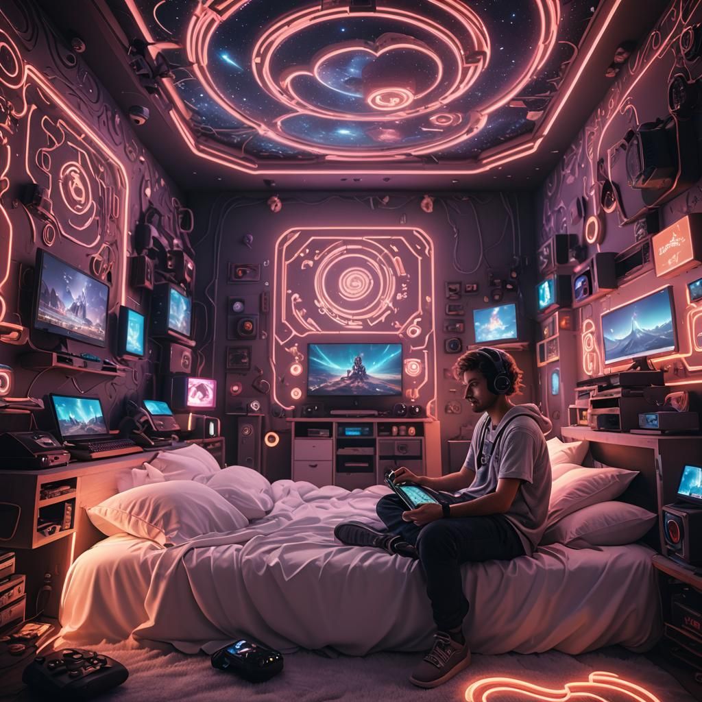 Gamer's Neon Bedroom in Fantasy Concept Art Style