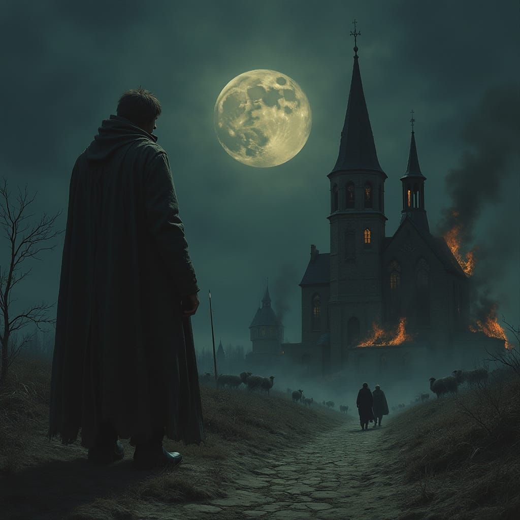 Burning Churches and Dark Figures in Surreal Style