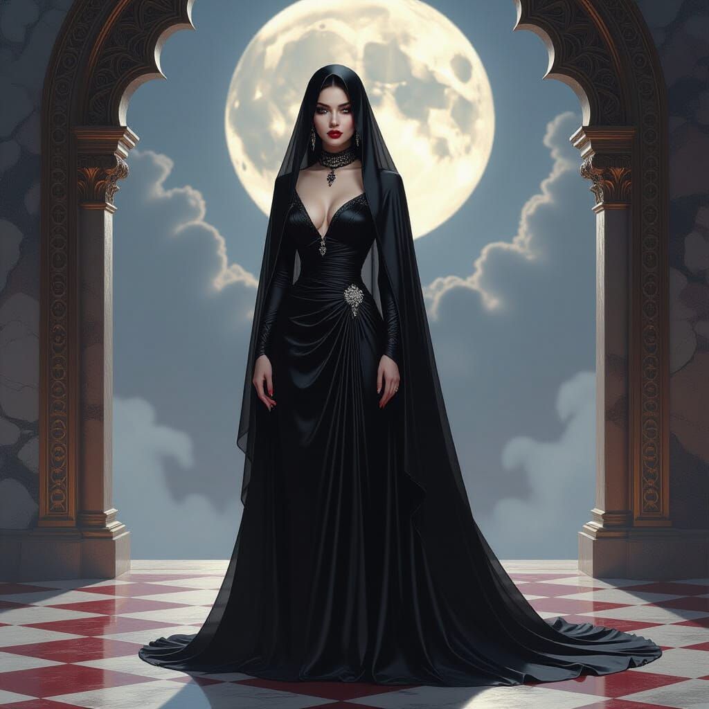 Vampire Bride in Black Veil by Moonlight