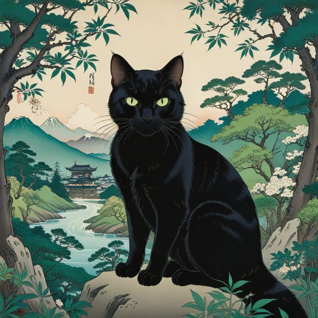 Elegant Black Cat in Traditional Japanese Ukiyo-e Style