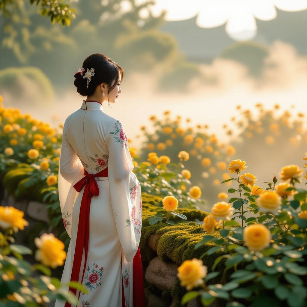 Woman in Cheongsam Overlooking Rose Garden