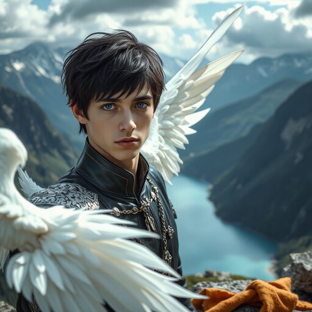 Enchanting Fairytale Prince with Wings in Mountain Vista