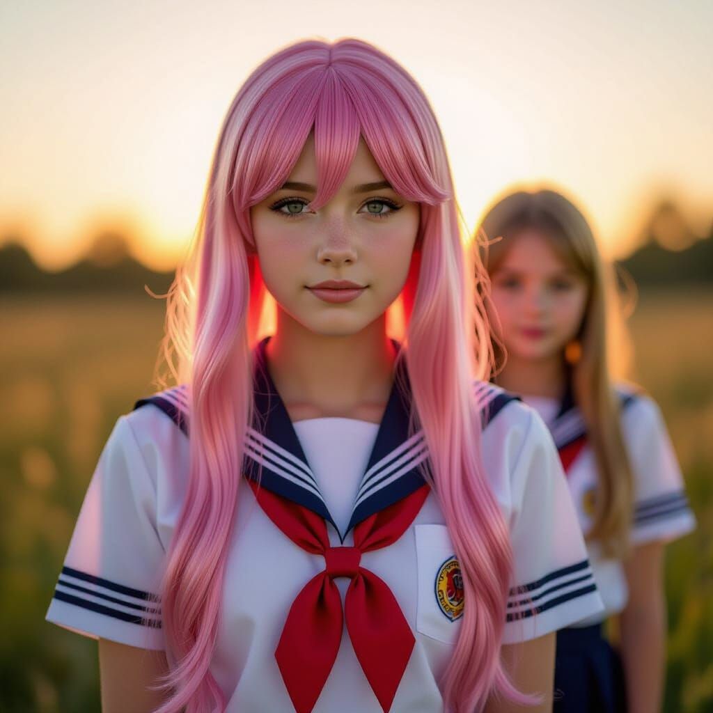 Teenage Boy in School Uniform with Sister in Golden Hour
