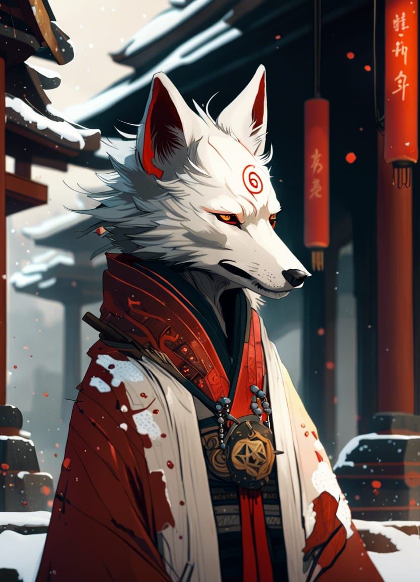 Anime Wolf Priest in Winter Temple, Digital Art