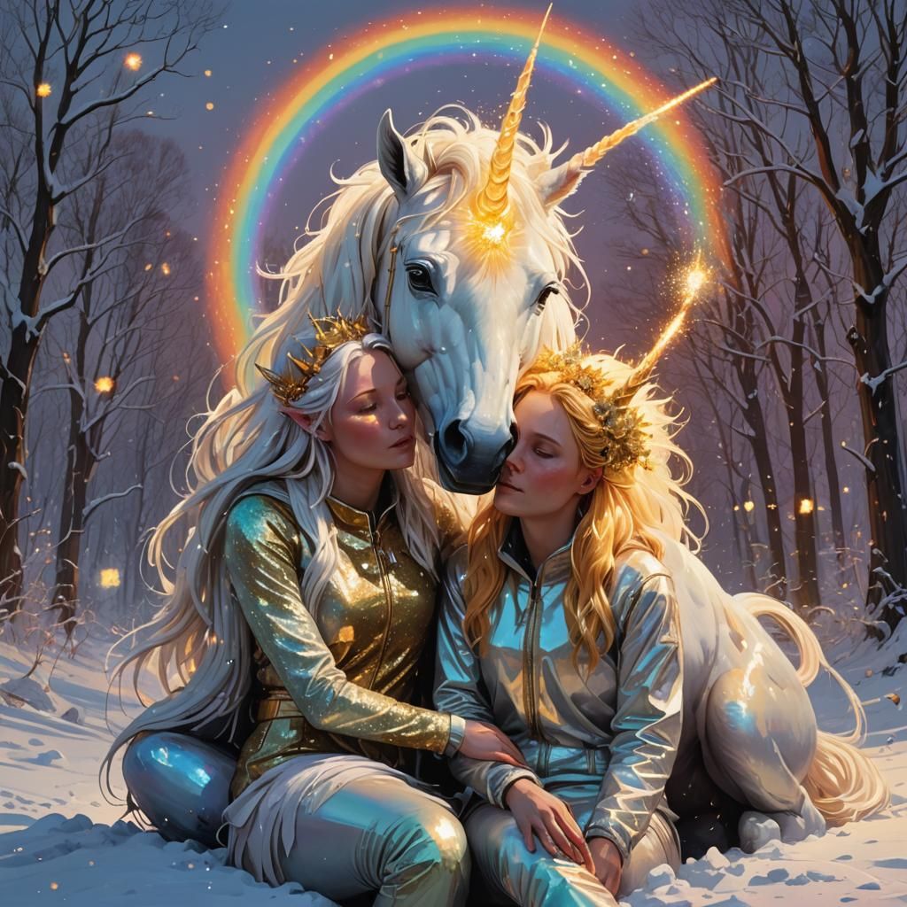 Fairy and Unicorn Embrace in Galactic Fireball