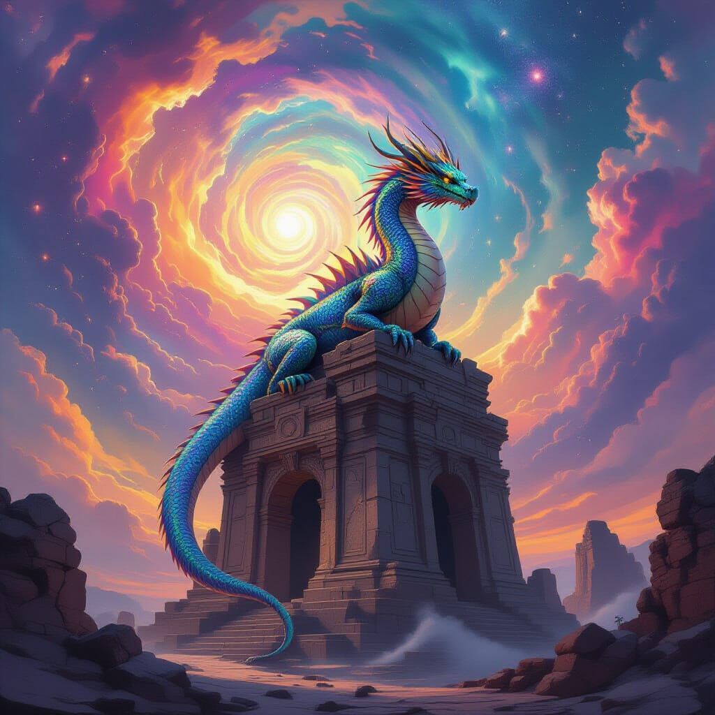 Majestic Dragon on Ancient Ruin Under Cosmic Nebula Sky