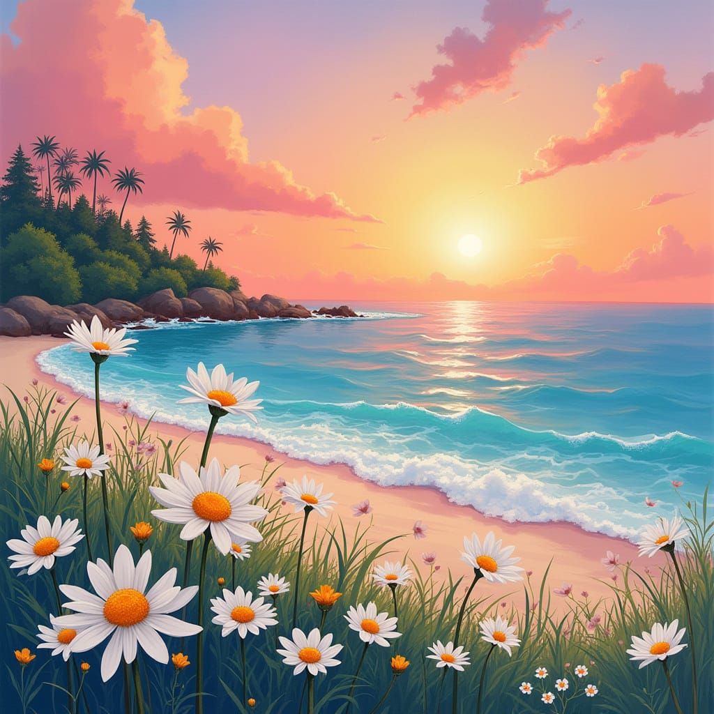 Surreal Island Paradise at Sunset in Whimsical Watercolor St...