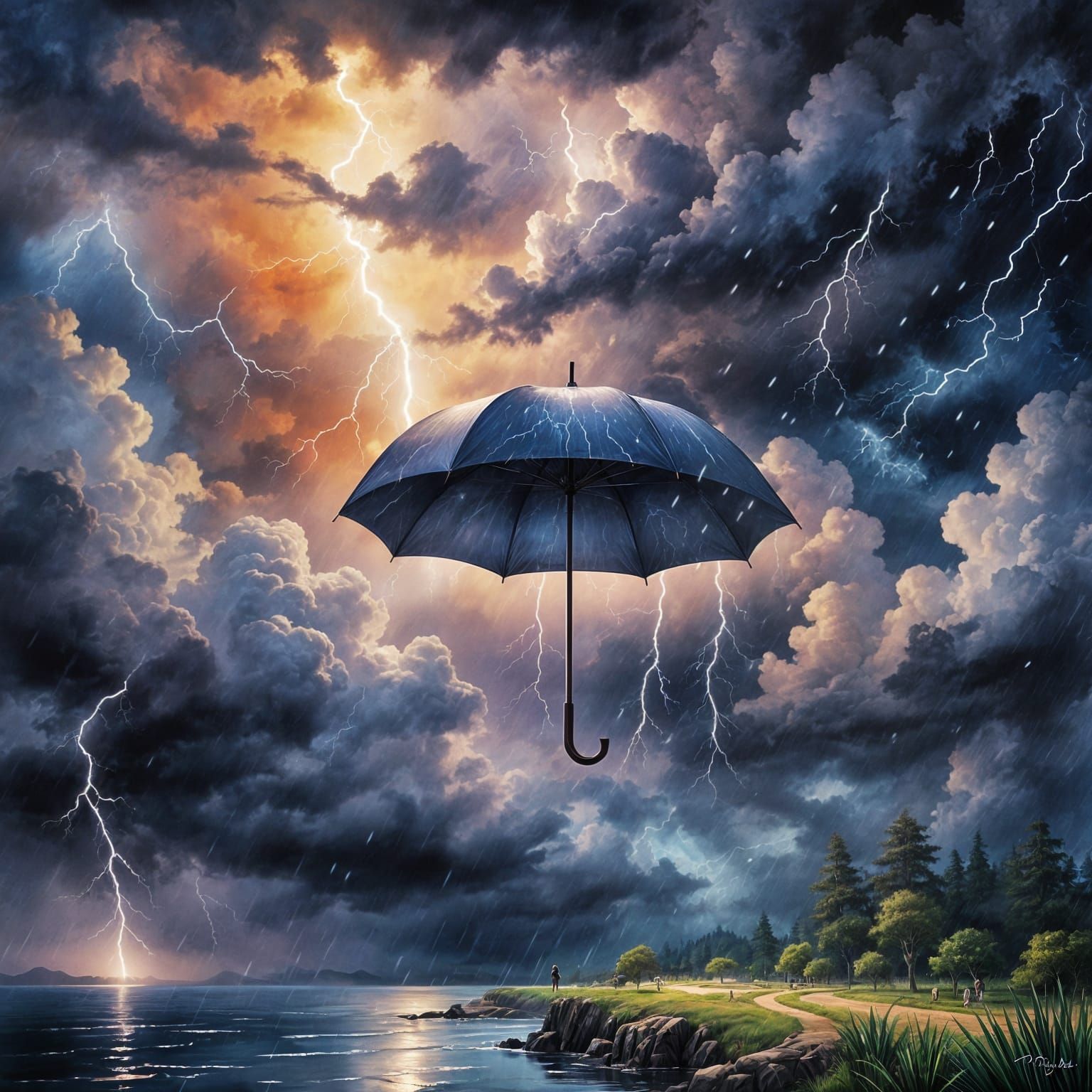 Mystical Storm Within an Umbrella in Cyberpunk Style