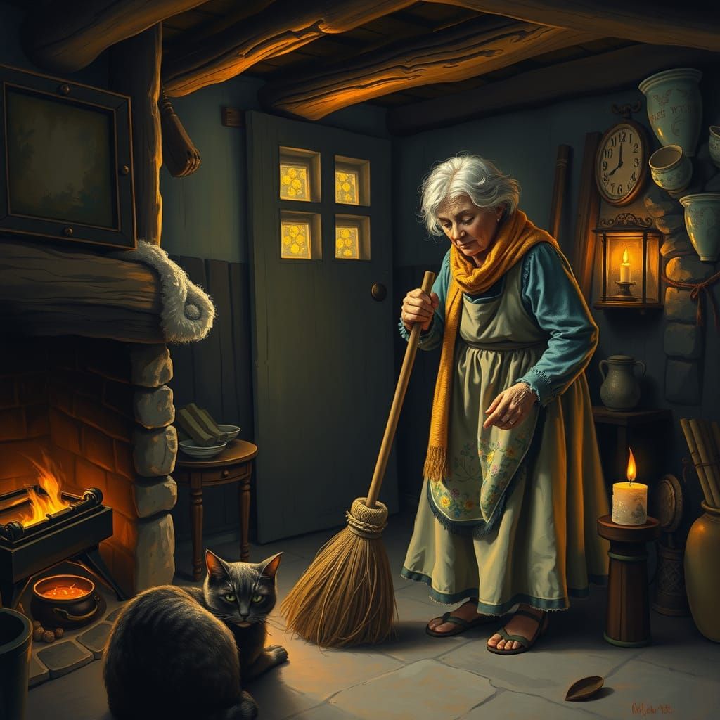 Cozy Hearth Scene in Pointillist Style