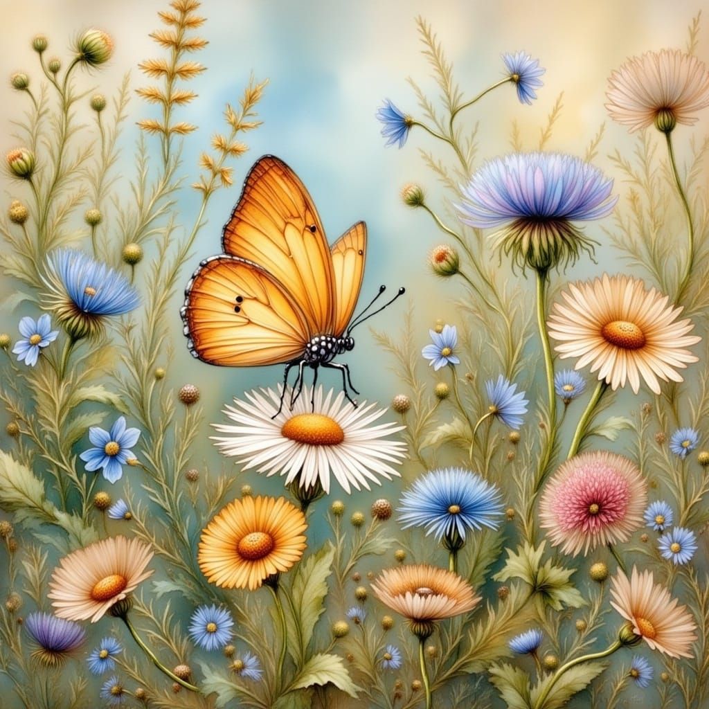 Floral Meadow with Butterfly in Impressionist Style