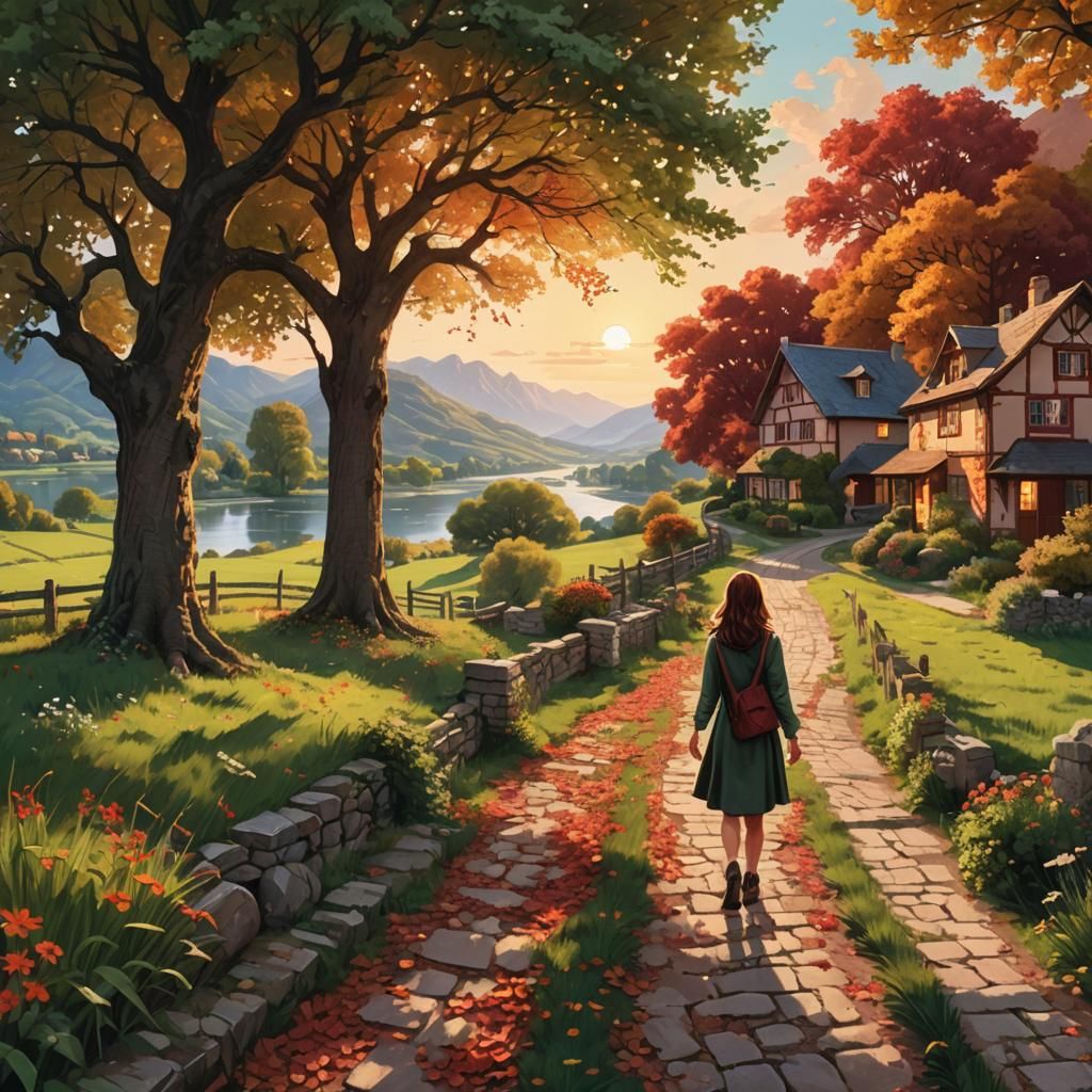 Riverside Village Path at Sunset: Hyperrealistic Digital Art