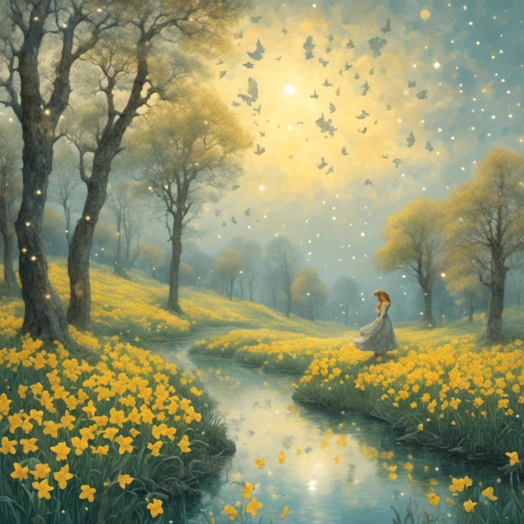 Daffodils Dancing by a Lake in Spring Breeze