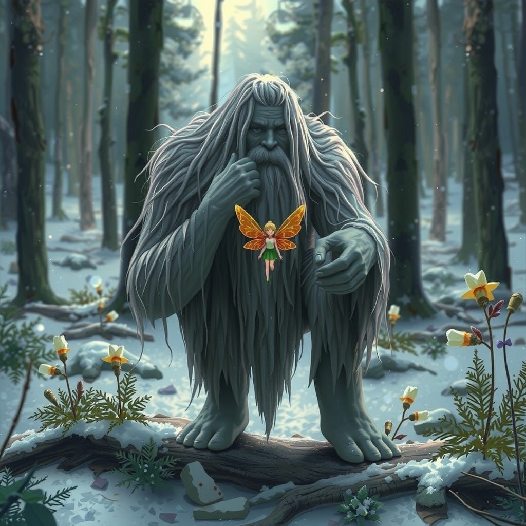 A tiny fairy held by a Frost Giant in a forest with a light dusting of snow on the ground and in the trees.